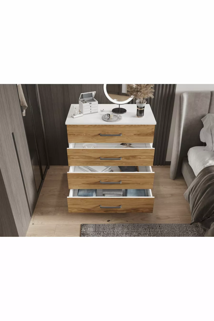 Commode à quatre tiroirs (BLANC BRILLANT + BOIS FONCÉ)