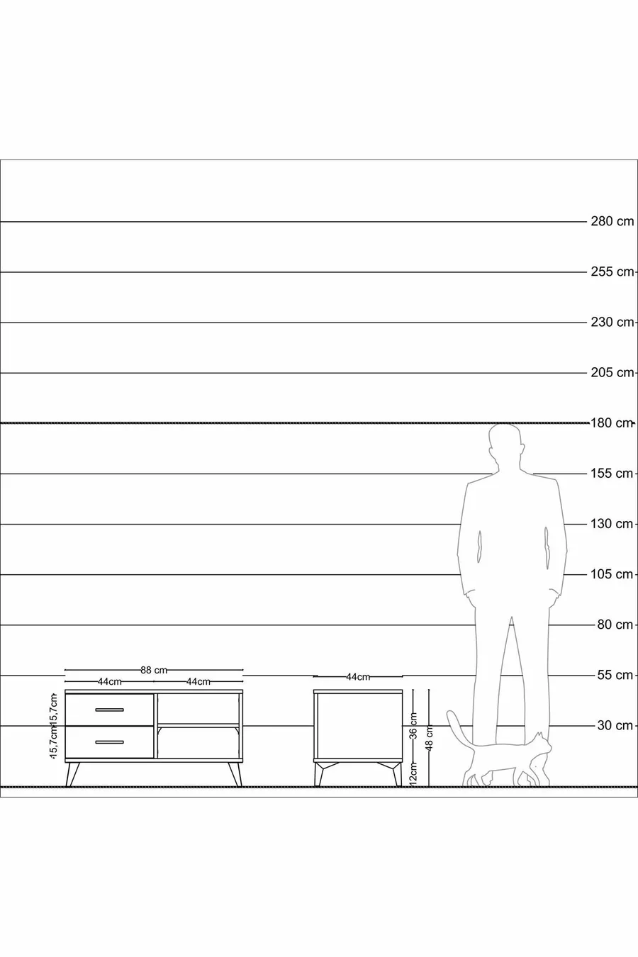 Commode Hyperion à une étagère et 2 tiroirs, quartz-ardoise / quartz