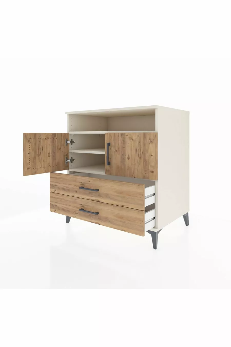 Commode Kronos avec 3 étagères, 2 tiroirs et 2 portes, Pierre de lune-Pin