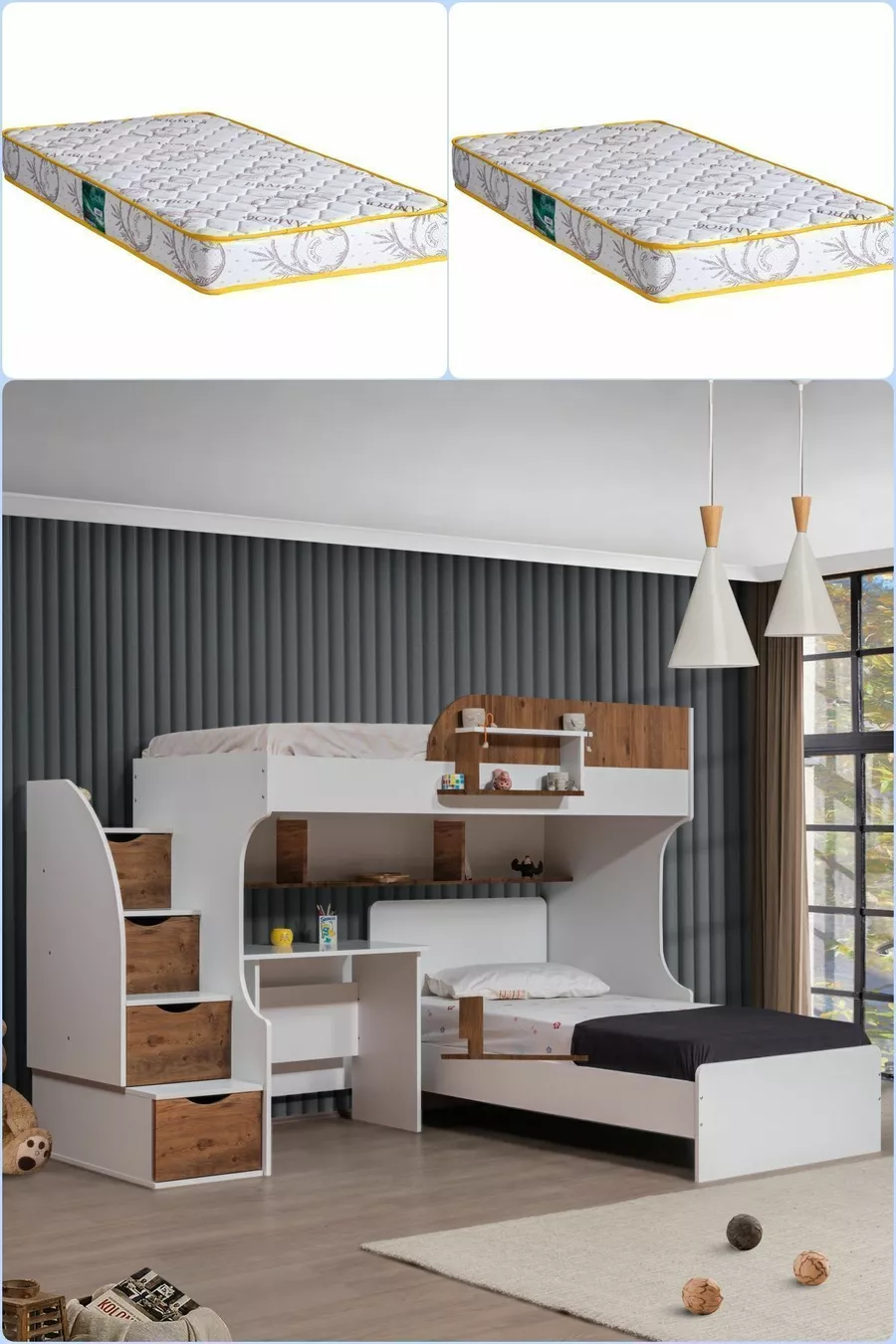 Lits superposés Aura Ranza avec bureau et 2 matelas Comfort