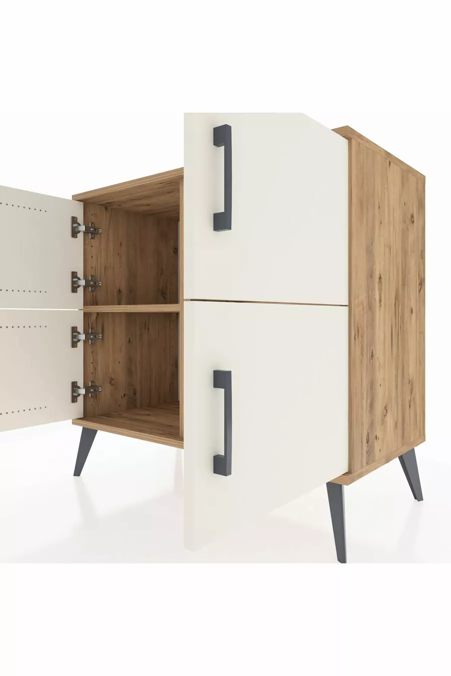 Commode Hyperion 2 étagères 4 portes Pin-Ambre/Pin