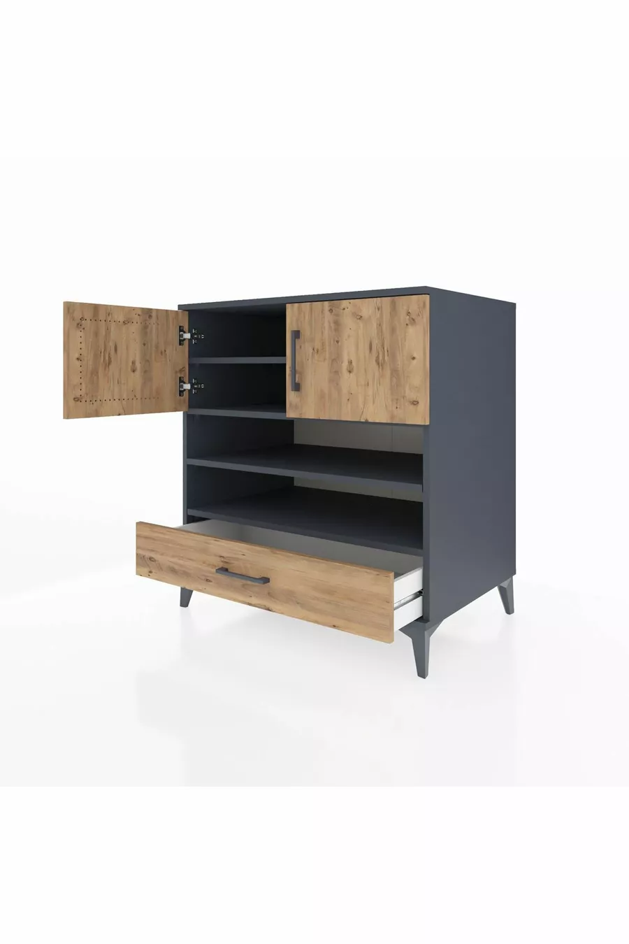 Commode Kronos avec 4 étagères, 1 tiroir et 2 portes, Anthracite-Sapin