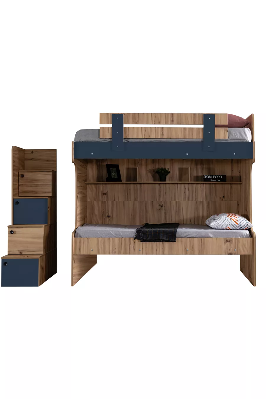 Lit superposé Ranza, Riva avec échelle 2 en 1 + Armoire 3 portes + 2 matelas Comfort