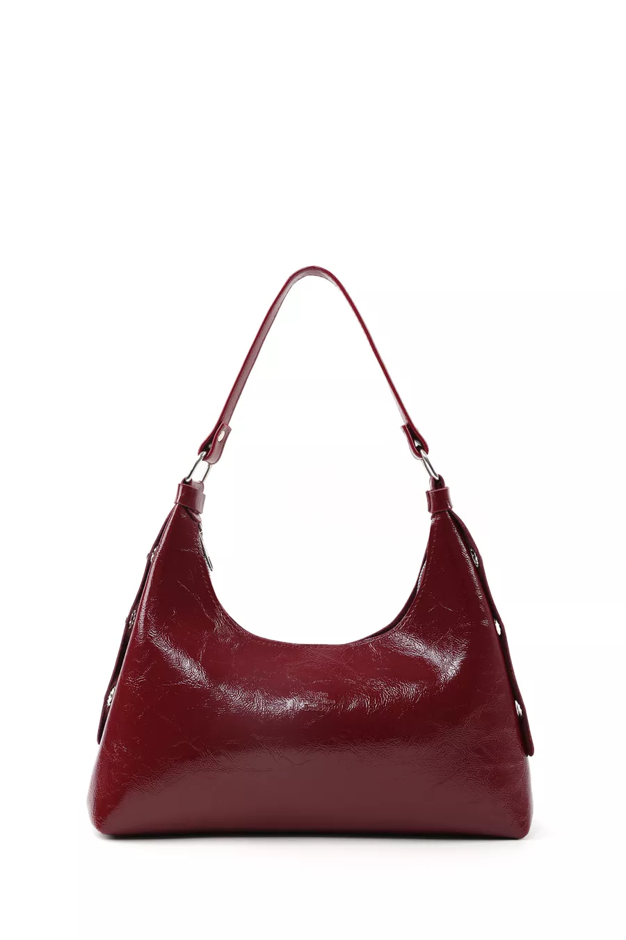 Sac à main et à épaule pour femme en cuir synthétique bordeaux à texture froissée, modèle , à un compartiment, forme baguette