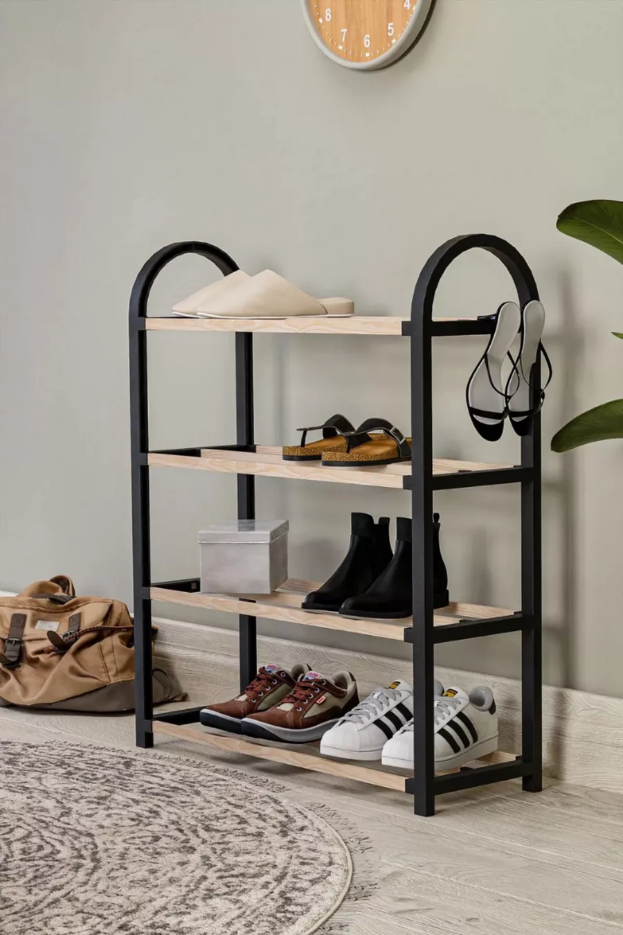 Meuble à chaussures midi à 4 compartiments avec barres en bois, capacité de 8 paires de chaussures, unité étagère de qualité 1ère classe