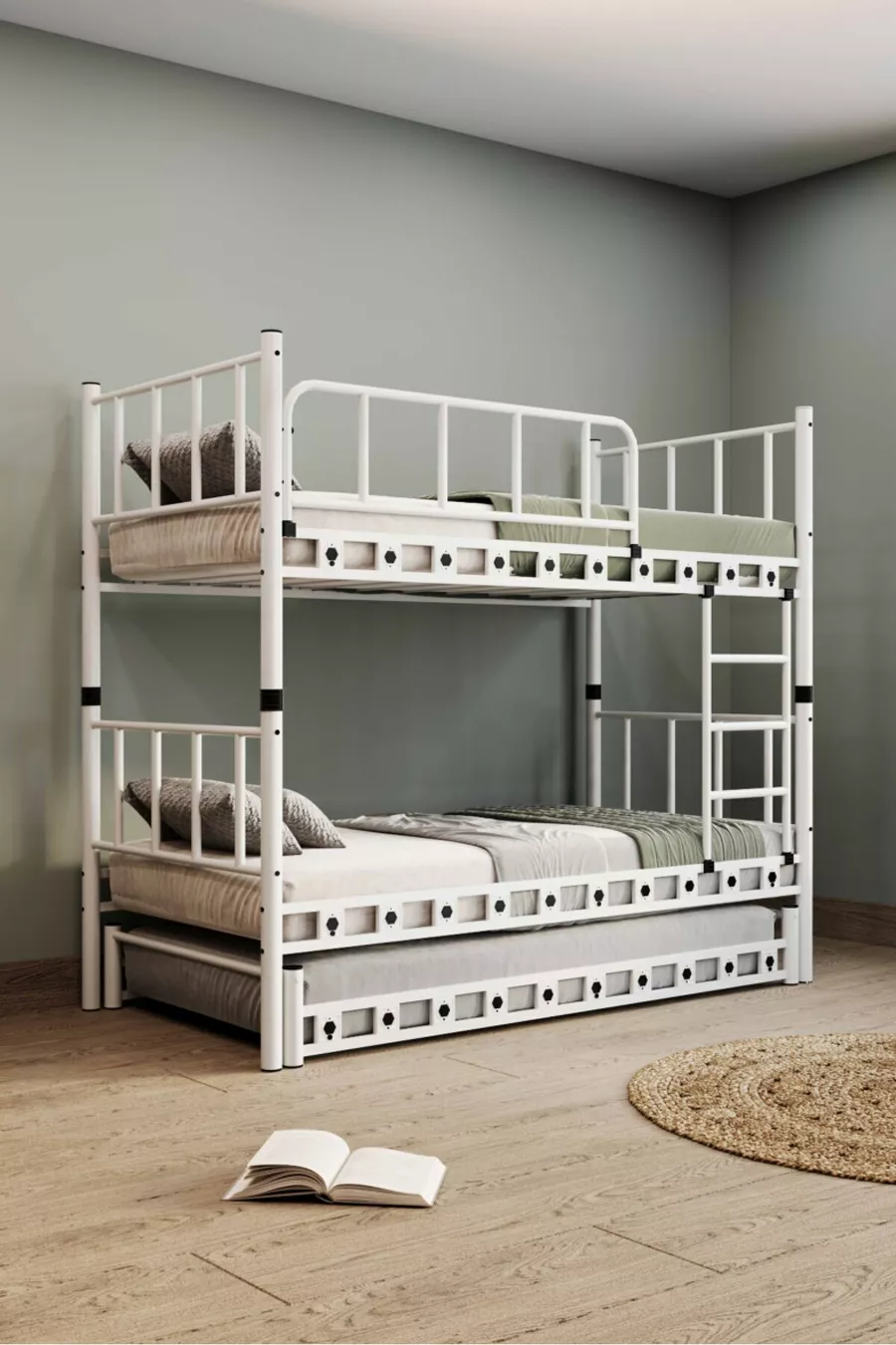 Chambre d'enfant jeune avec lit superposé et lit métallique  blanc Zambak Yavrulu