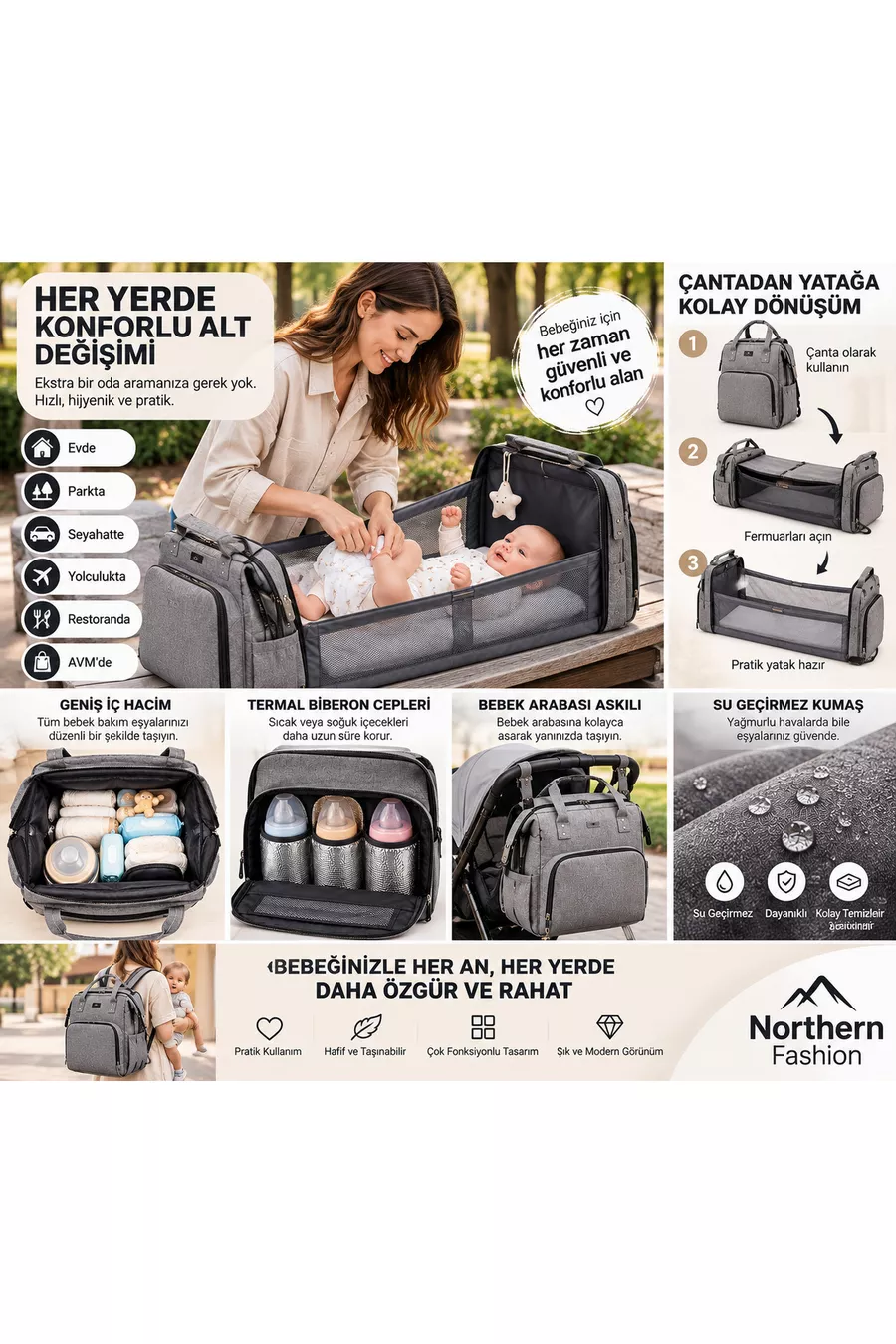 Sac de soins pour mère et bébé avec lit, imperméable, poche thermique pour biberon, sac à dos avec attache pour poussette