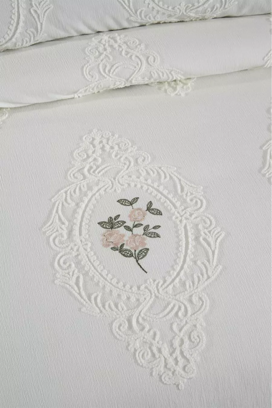 Housse de lit double 3 pièces en chenille brodée Gardenlove, couleur crème