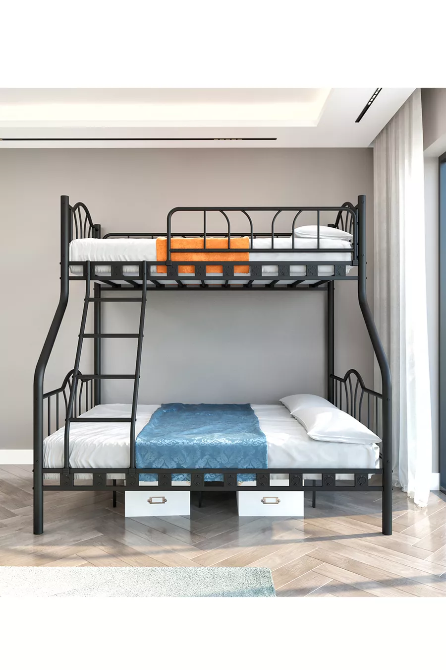Lit superposé métallique pour 3 personnes avec 3 places pour parents  &  Noir