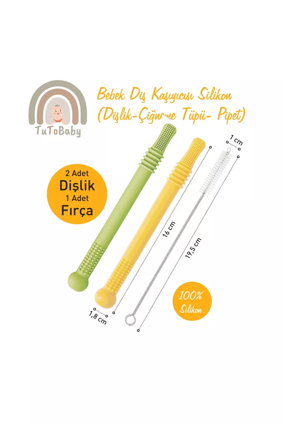 Suceur de dent pour bébé en silicone (hochet-tube à mâcher-paille) 2 hochets 1 brosse