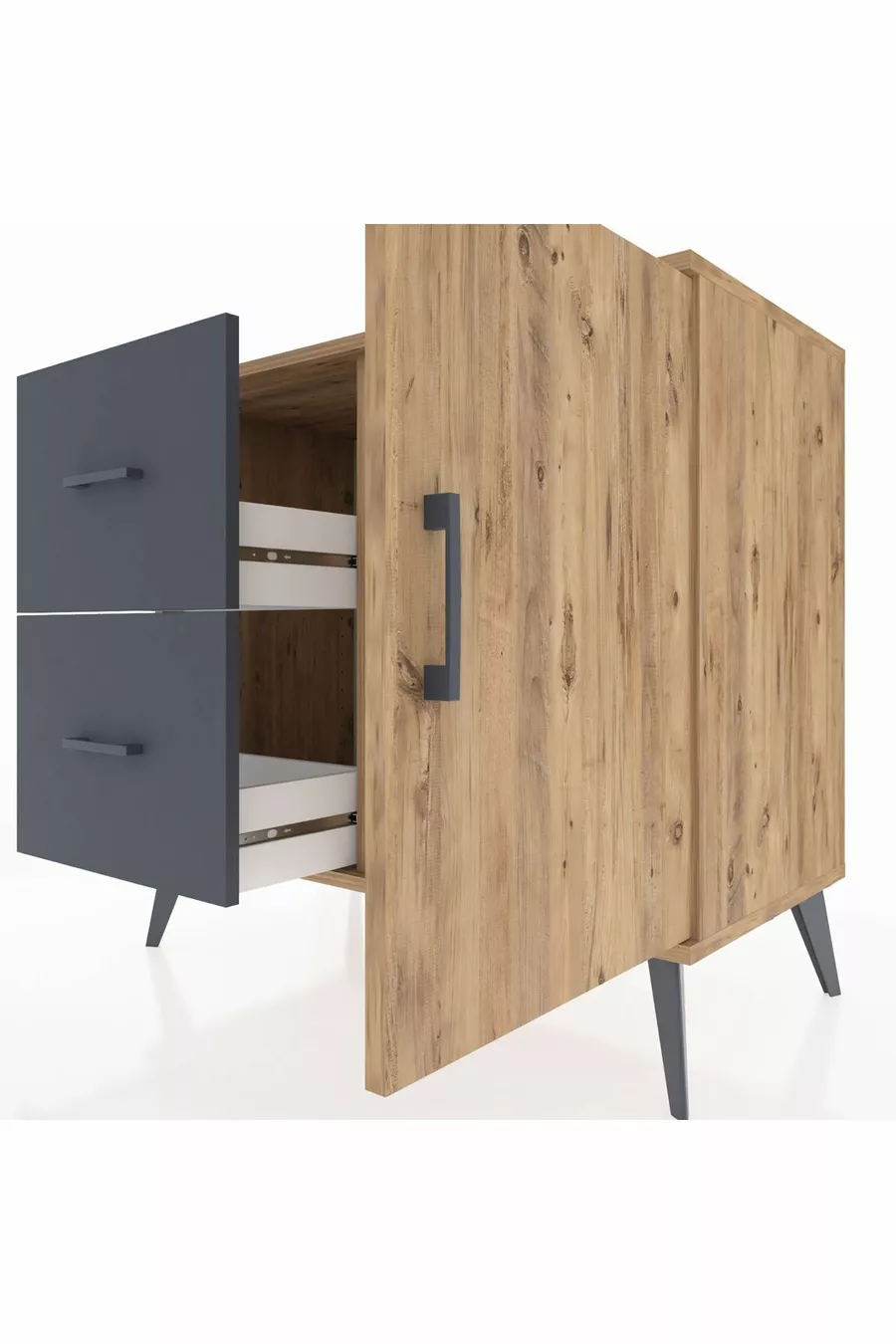 Commode Hyperion avec une seule étagère, 2 tiroirs et une porte, Pin-Pin/Anthracite
