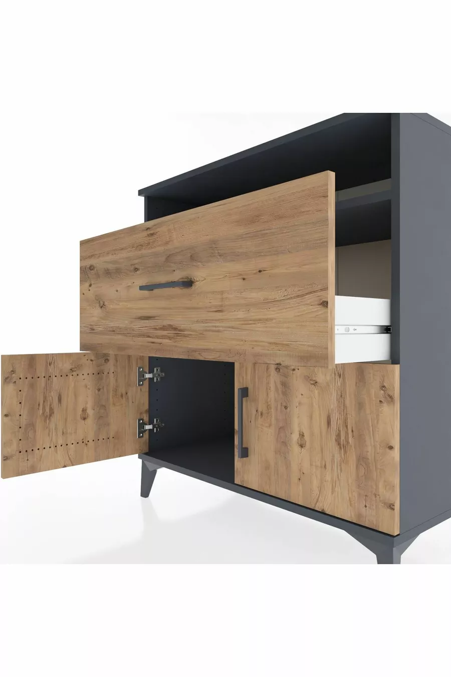 Commode Hyperion à une étagère, un tiroir et deux portes, Anthracite-Épicéa