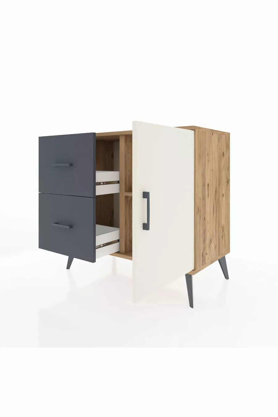Commode Hyperion avec une seule étagère, 2 tiroirs et une porte, pin-gris/anthracite