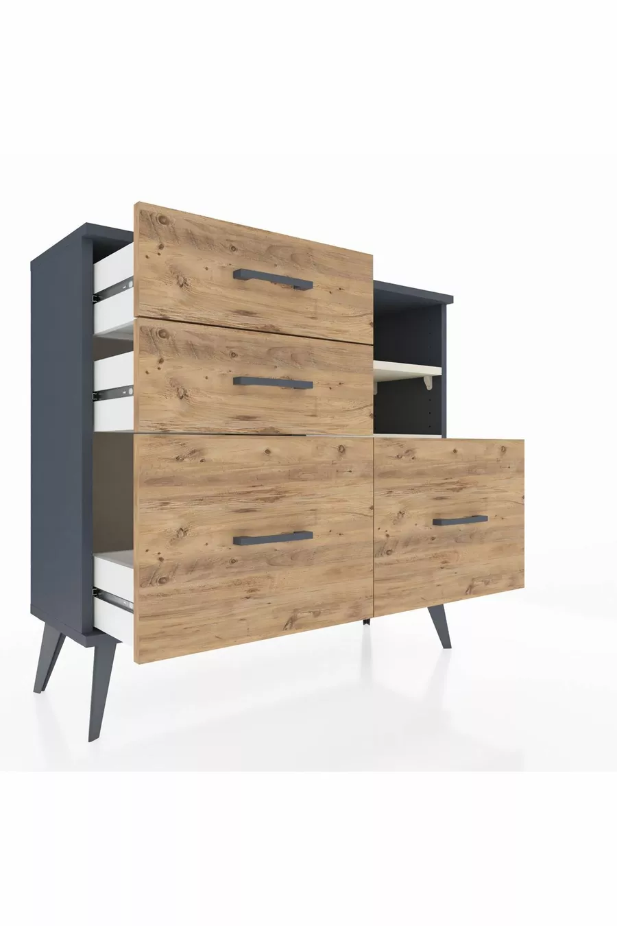 Commode Arges 2 étagères 4 tiroirs Anthracite-Pierre de lune/Merisiers