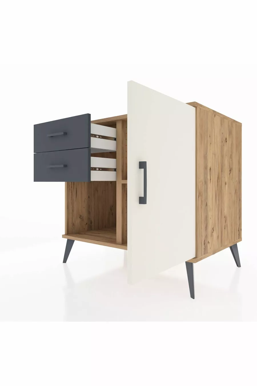 Commode Kronos à une étagère, 2 tiroirs et une porte, pin-gris anthracite