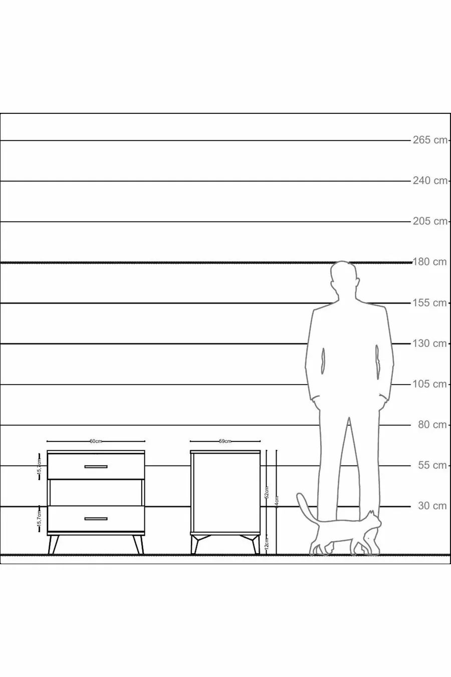 Table de chevet Kronos avec une étagère et 2 tiroirs, Aïtos-Pin