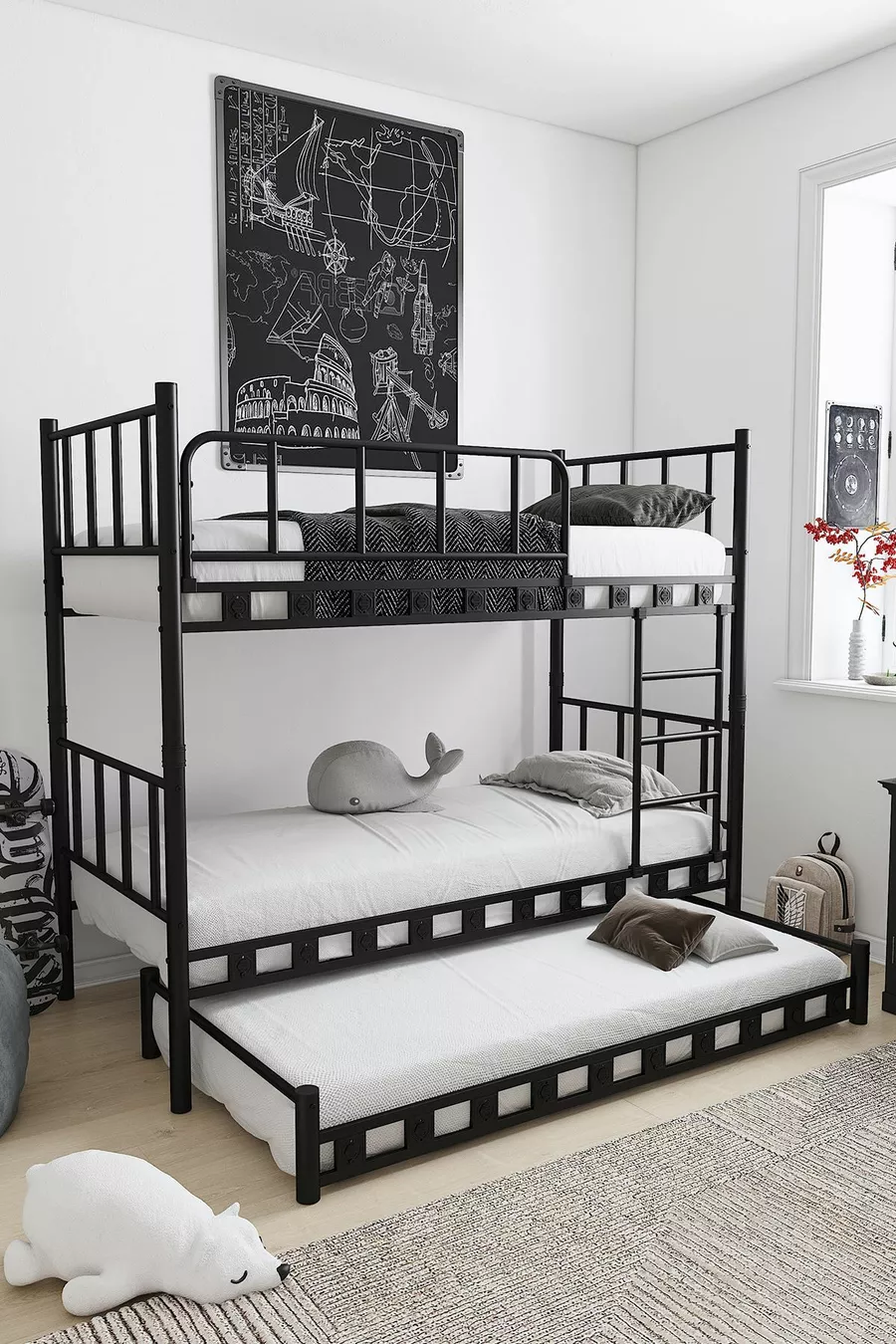 Chambre d'enfant jeune avec lit superposé et lits en métal Zambak