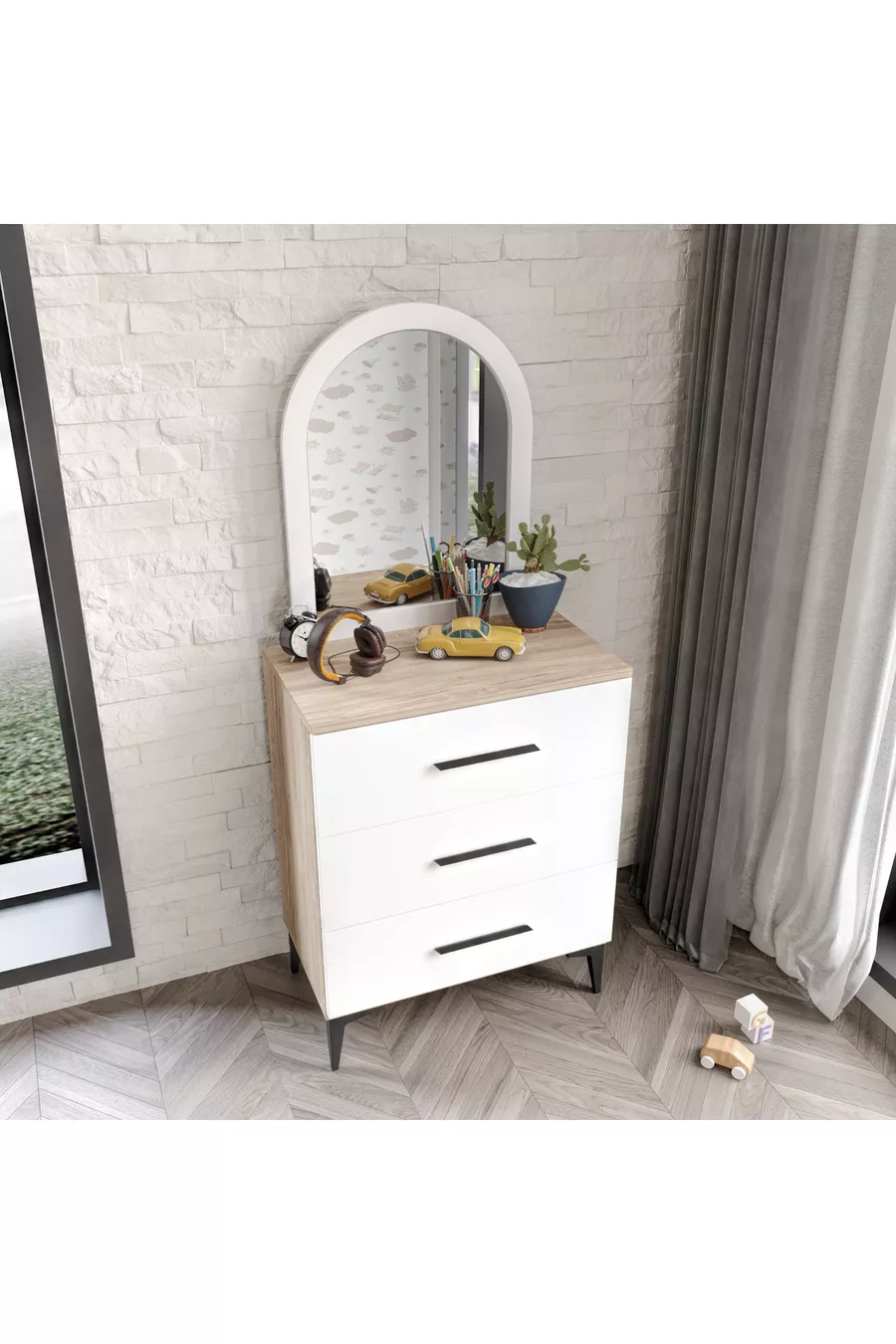 Commode à 3 tiroirs avec miroir, entièrement en MDF, Flora blanc