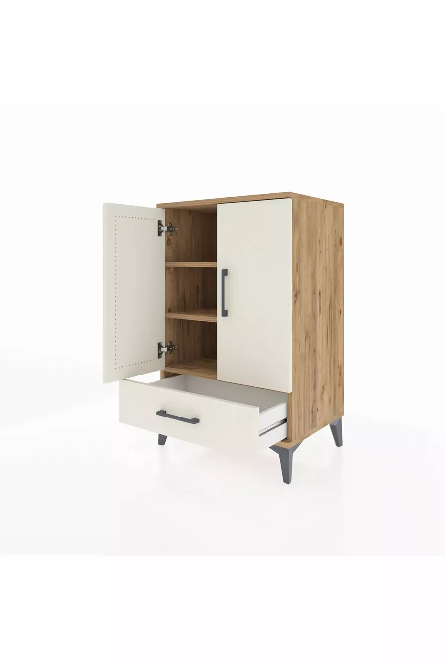 Commode Hyperion à 3 étagères, 1 tiroir et 2 portes, pin-gris