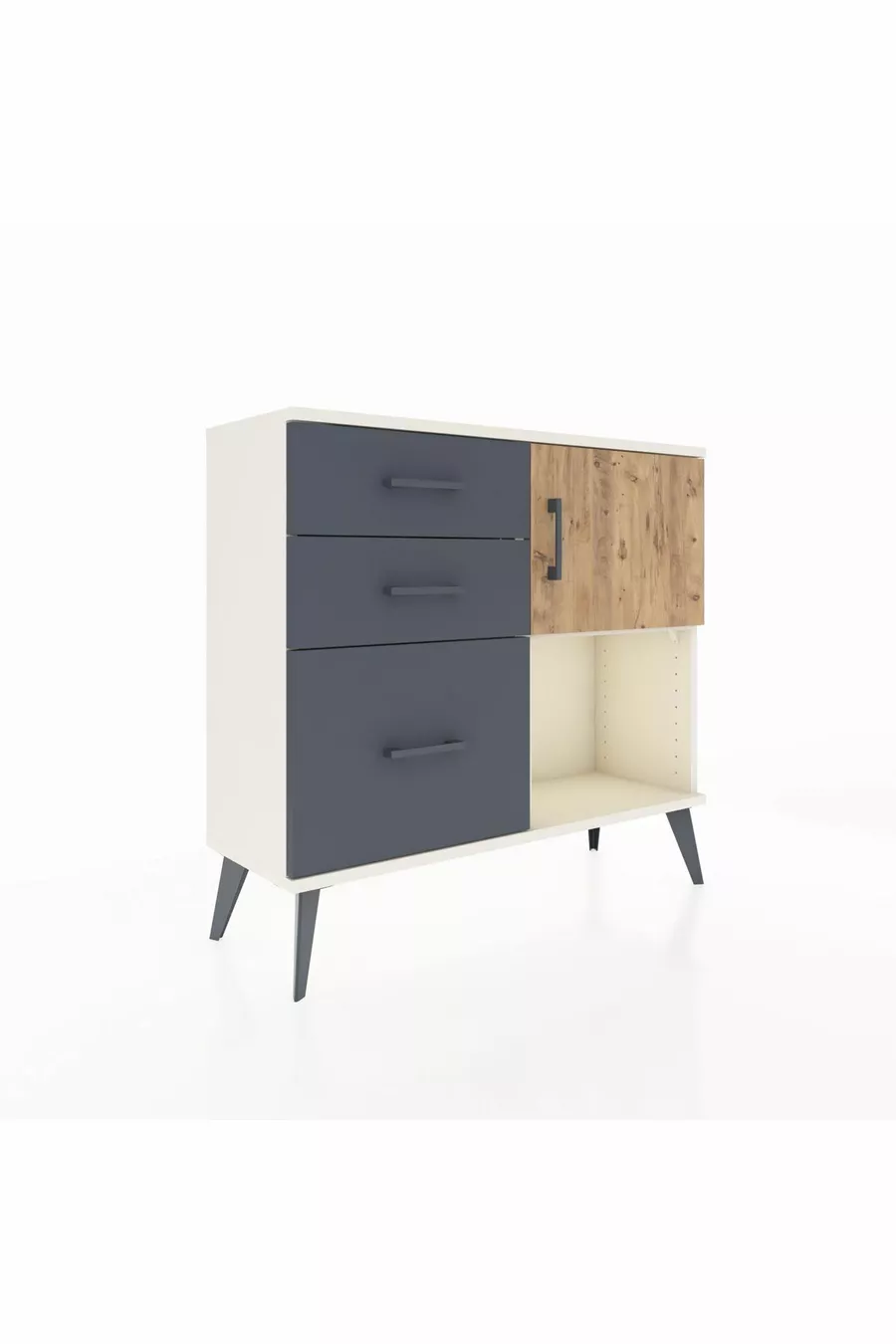 Commode Arges à une étagère, 3 tiroirs et une porte, Pierre de Lune-Pin/Anthracite