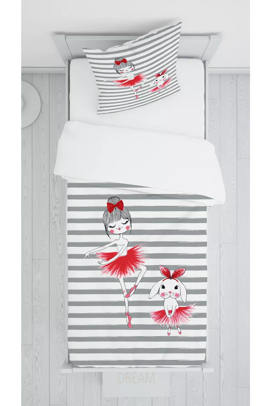 Ensemble Chambre Fille Ballerine à Rayures Grises (Rideau - Couverture de Lit et Coussin - Tapis)