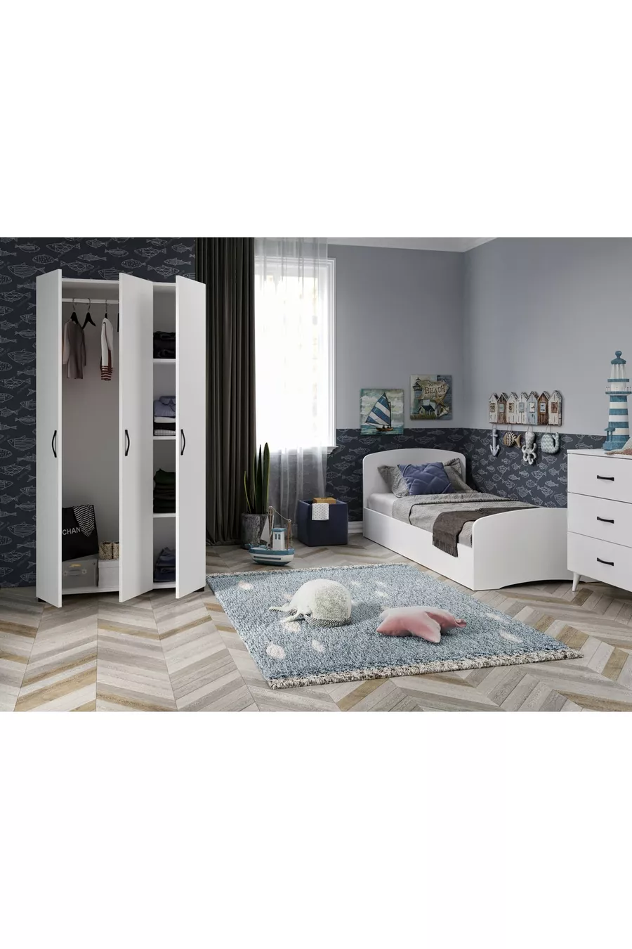 Ensemble de Chambre d'Enfant Soft Blanc - Lit, Armoire à 3 Portes, Commode à 3 Tiroirs, Tout en MDF