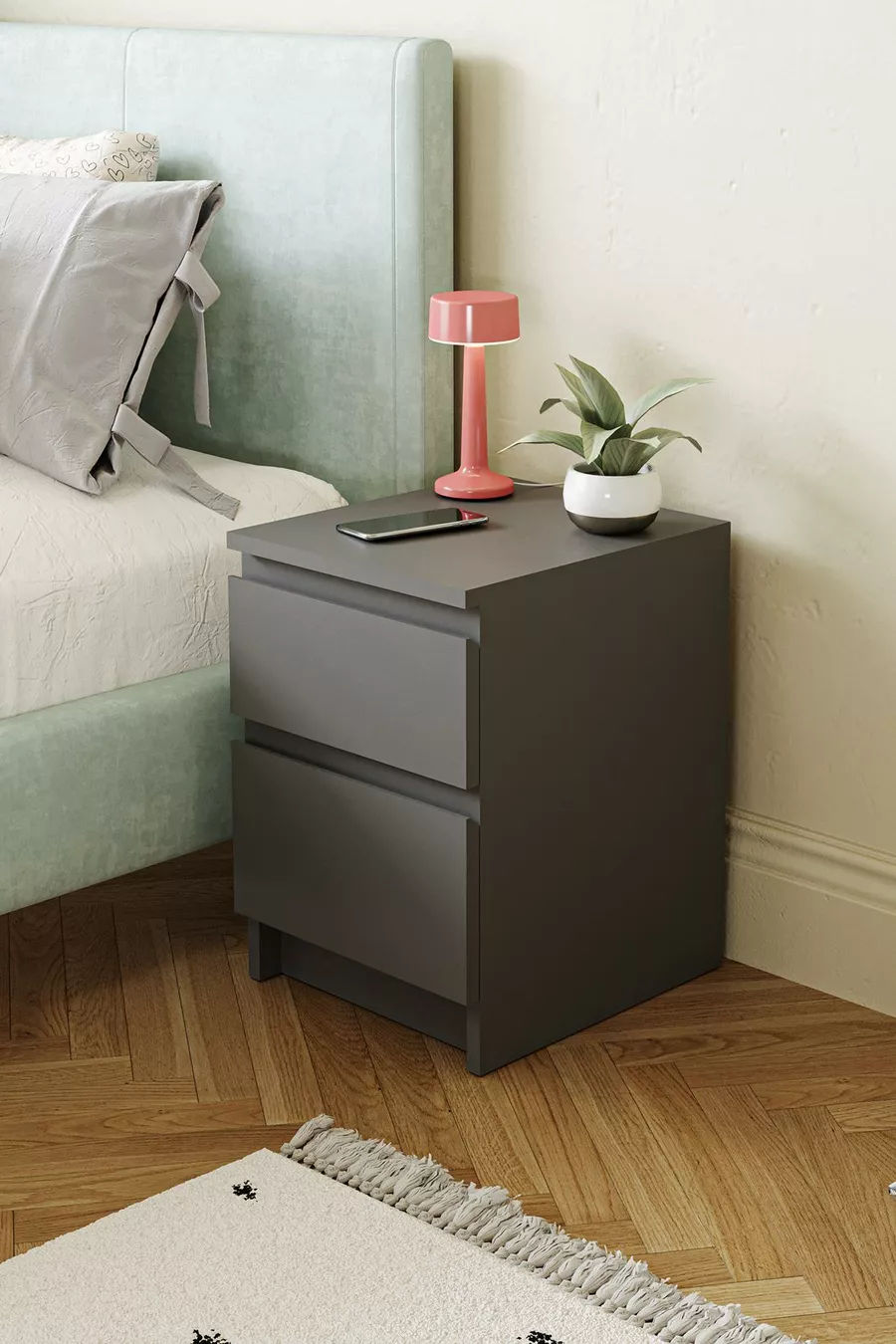 Table de chevet Derinkuyu à 2 tiroirs pour chambre à coucher, chambre de bébé, chambre d'adolescent, anthracite