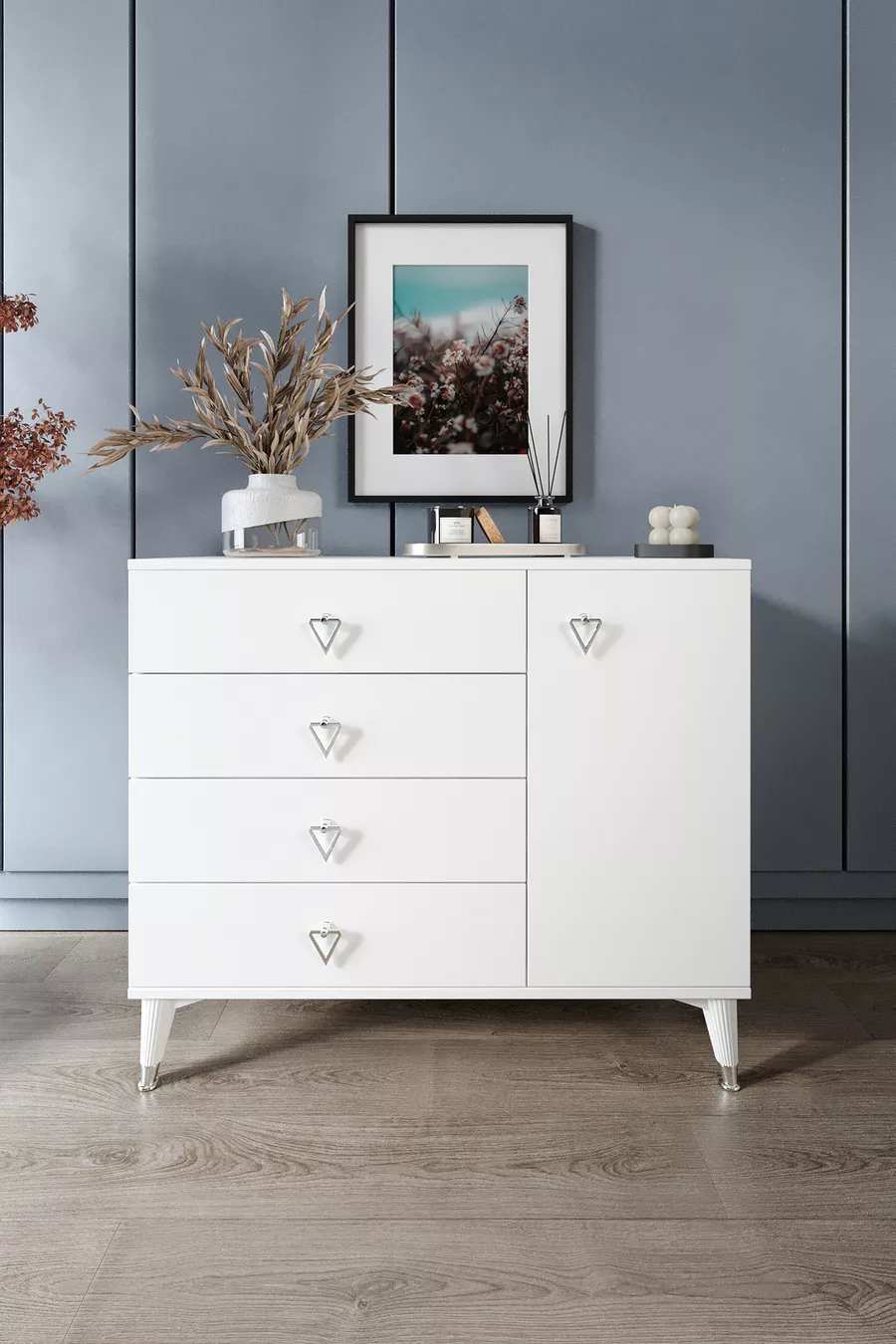 Commode moderne blanche argent avec 4 tiroirs et 1 porte