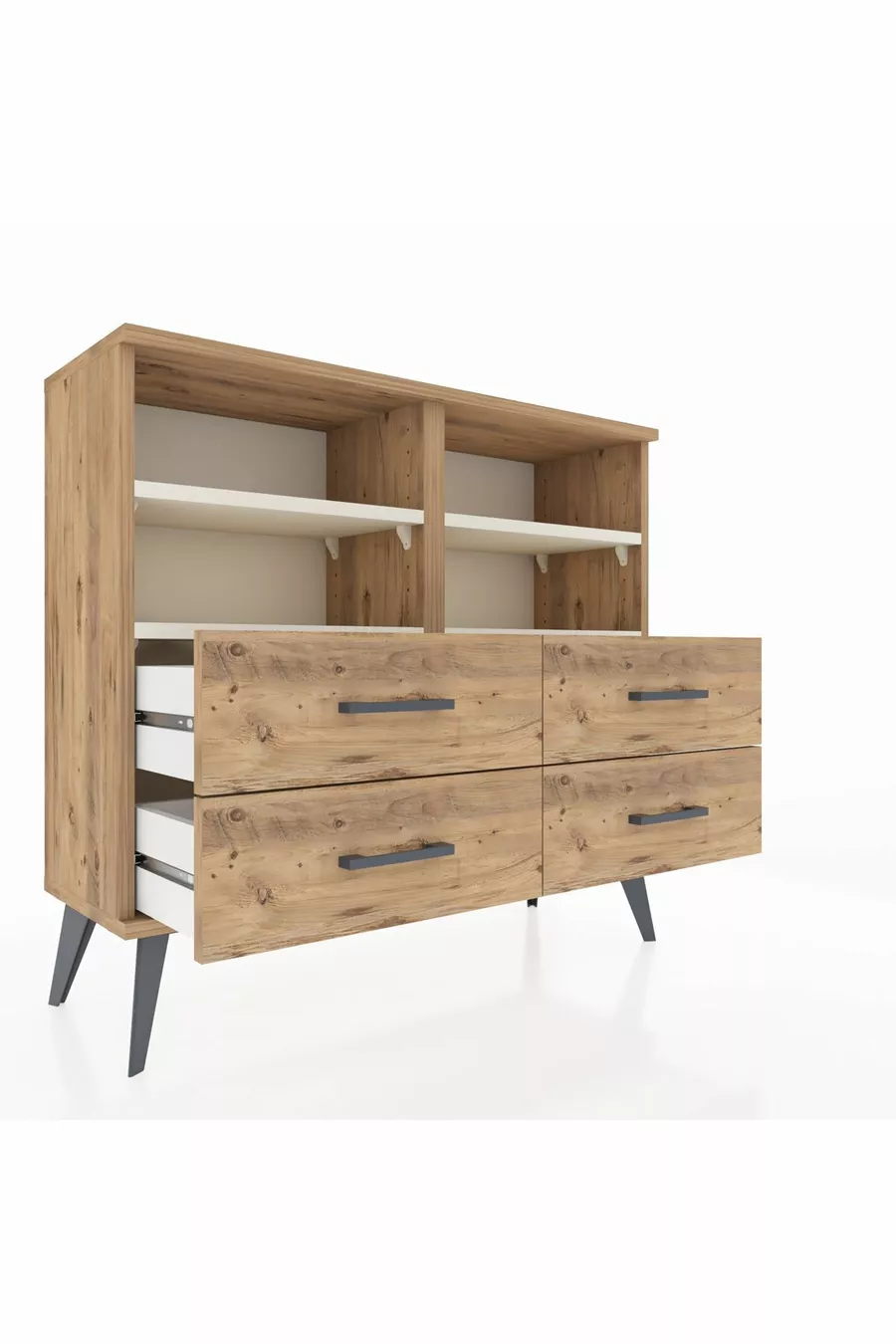 Commode Arges 4 étagères 4 tiroirs Pin-Pierre de Lune/Pin