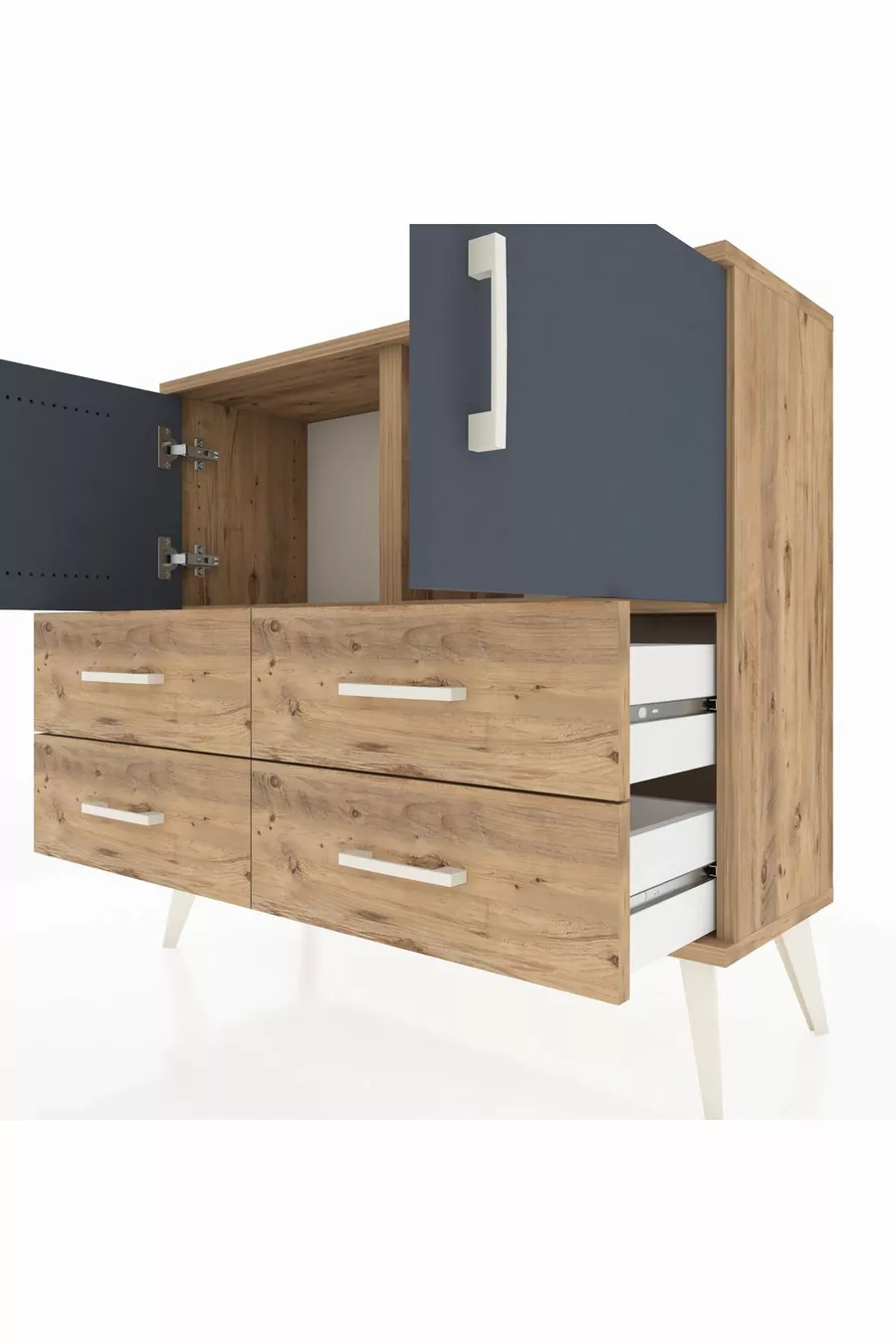 Commode Arges avec 2 étagères, 4 tiroirs et 2 portes, Pin-Anthracite/Pin