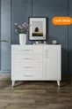 Commode moderne à 4 tiroirs avec volets et 1 porte, design moderne, porte en MDF, blanc argenté