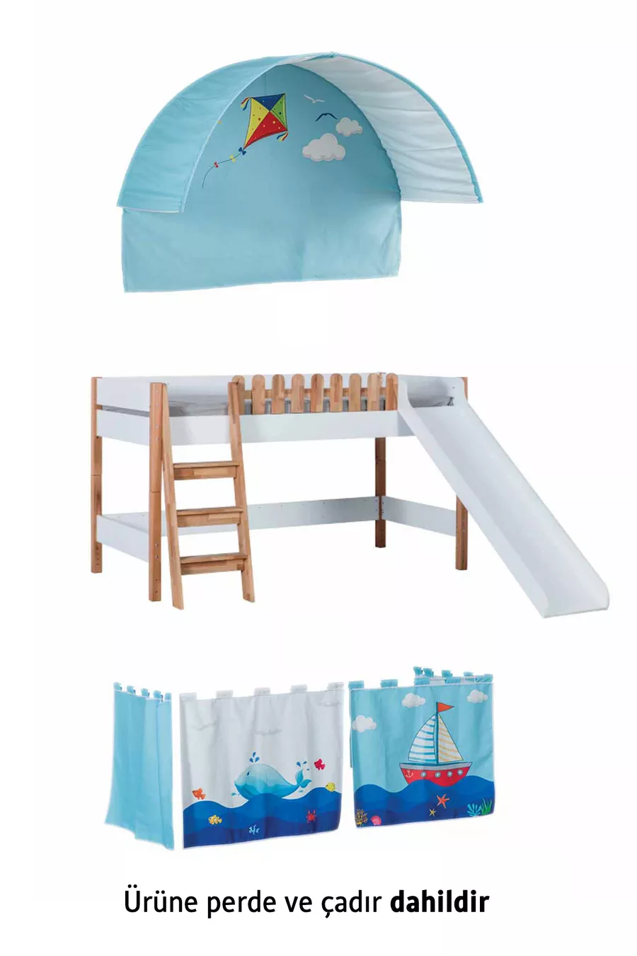 Ensemble Montessori pour Chambre d'Enfant My House avec Lit Superposé à Toboggan et Maison de Jeu Bleue