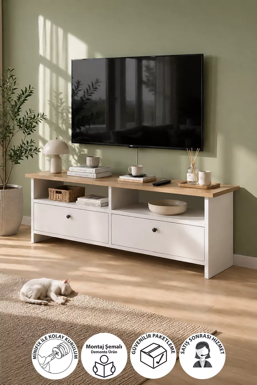 Meuble TV 2 Portes Unité TV Table TV  x  Cm Santorin Saphir Chêne Blanc