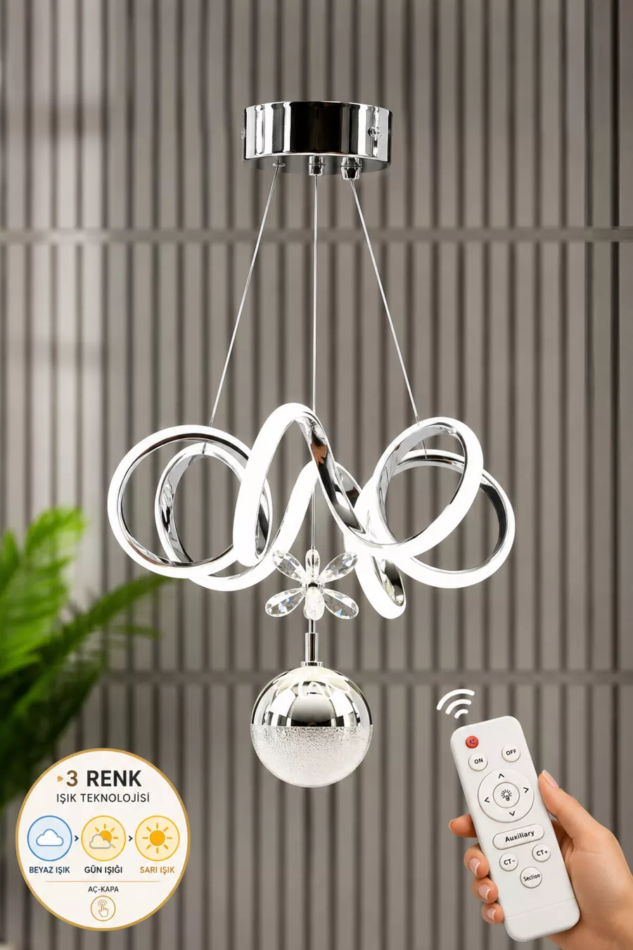 Plafonnier LED suspendu moderne Elda en métal à finition chrome 3 couleurs, avec télécommande, pour salon, cuisine, séjour et chambre