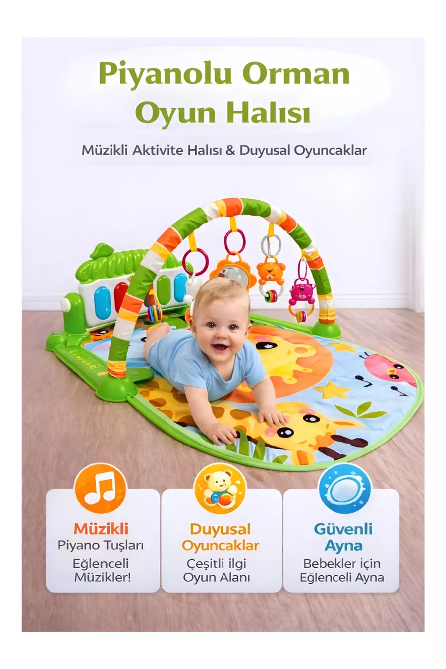 Tapis de jeu pour bébé à motif forêt avec piano – 0+ mois, tapis de développement lumineux et musical avec figures d'animaux