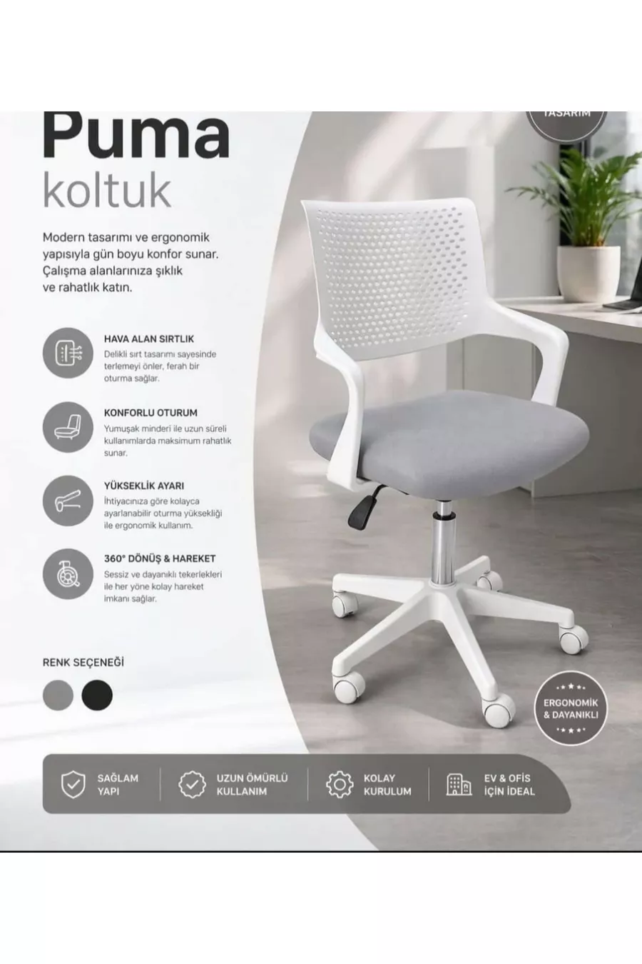Chaise de bureau ergonomique à filet - Chaise de travail blanche, Chaise de bureau blanche