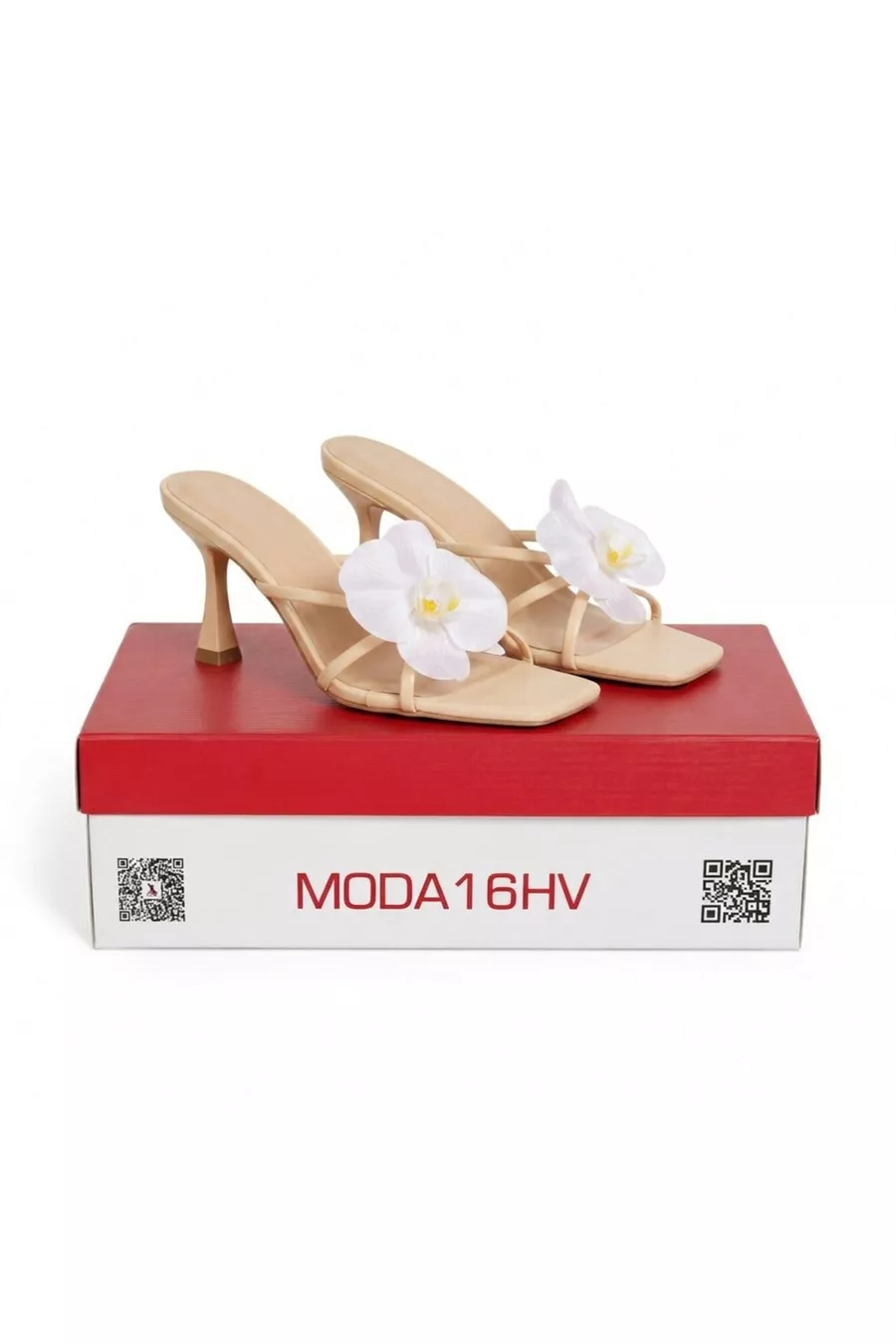  Femme Sandale à Talon Fin avec Détail Fleur d'Orchidée Blanche Carré Crème Chaussure de Soirée et de Cérémonie