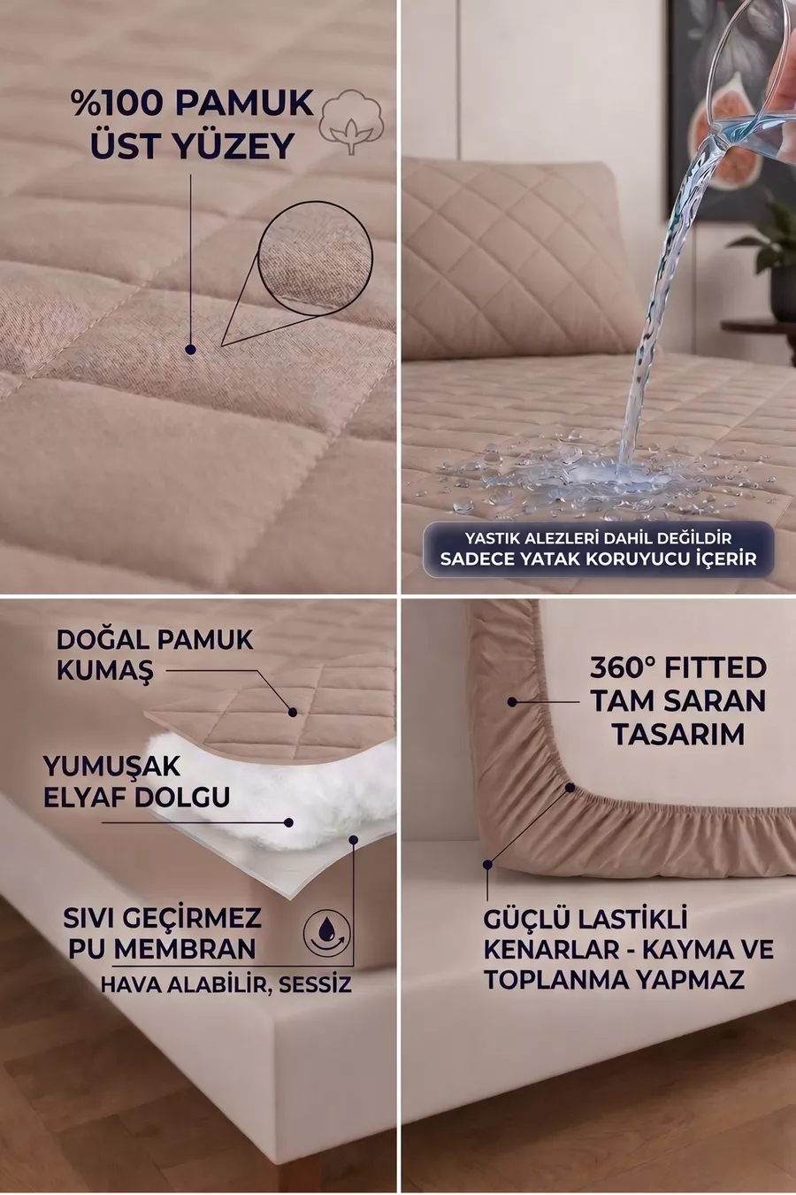 Protection de matelas matelassée Premium Beige % coton, ajustée, bord complet, imperméable à l'eau, toutes tailles