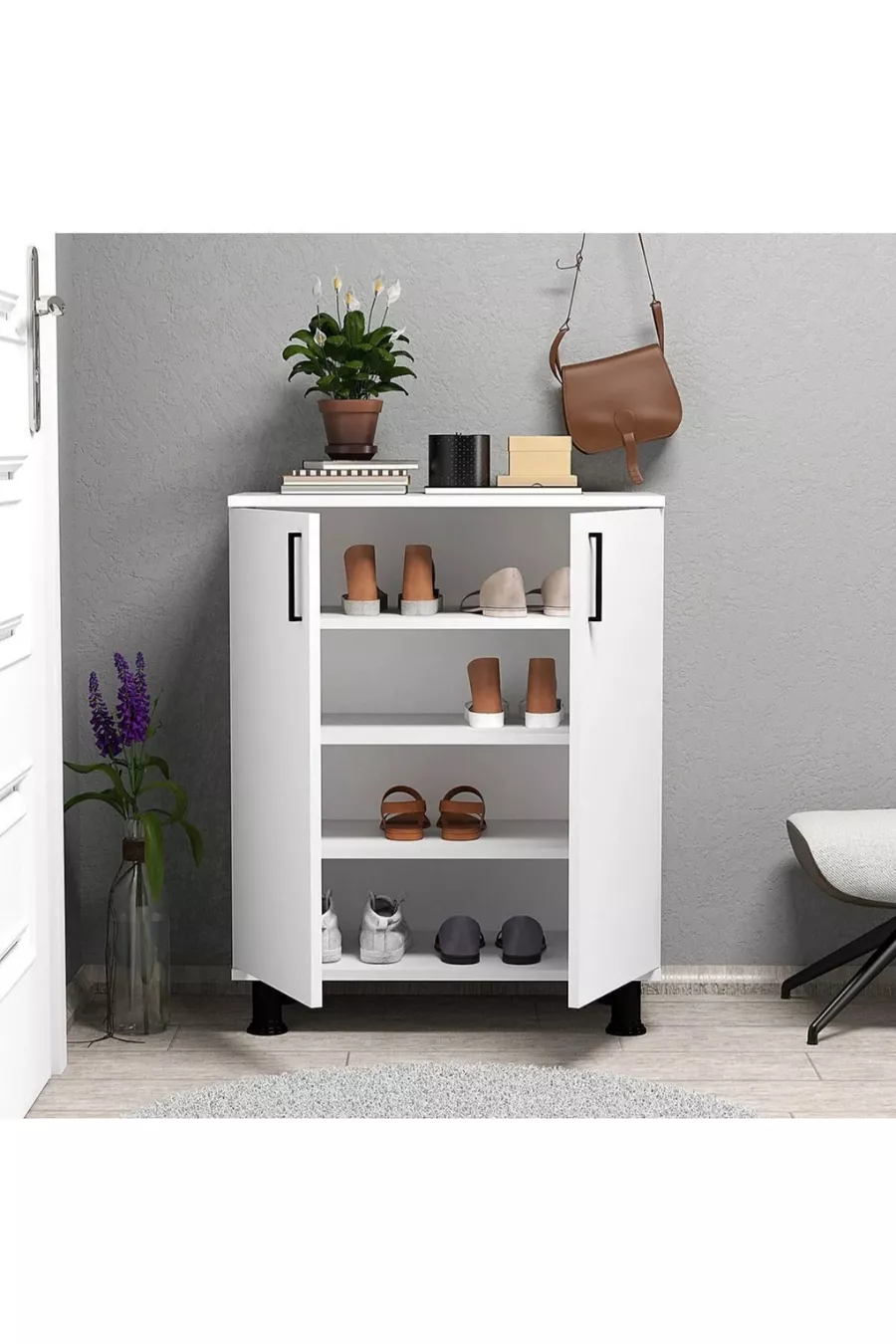 Meuble à chaussures  paires, 2 portes, 4 étagères, Meuble d'entrée, Cuisine, Chambre, Armoire polyvalente