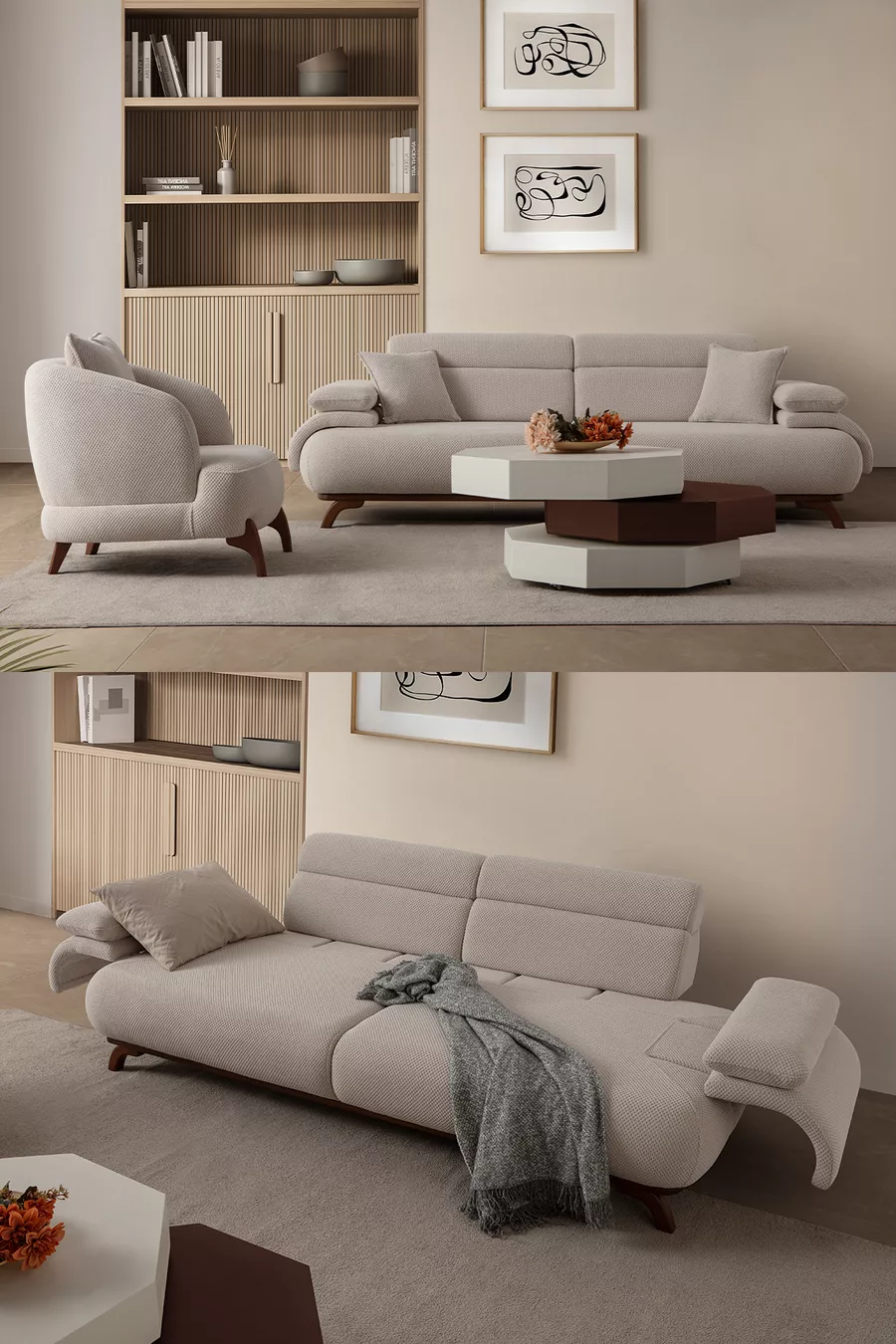 Ensemble de canapés Bonjo avec dossier à mécanisme et coffre 3+1 Beige