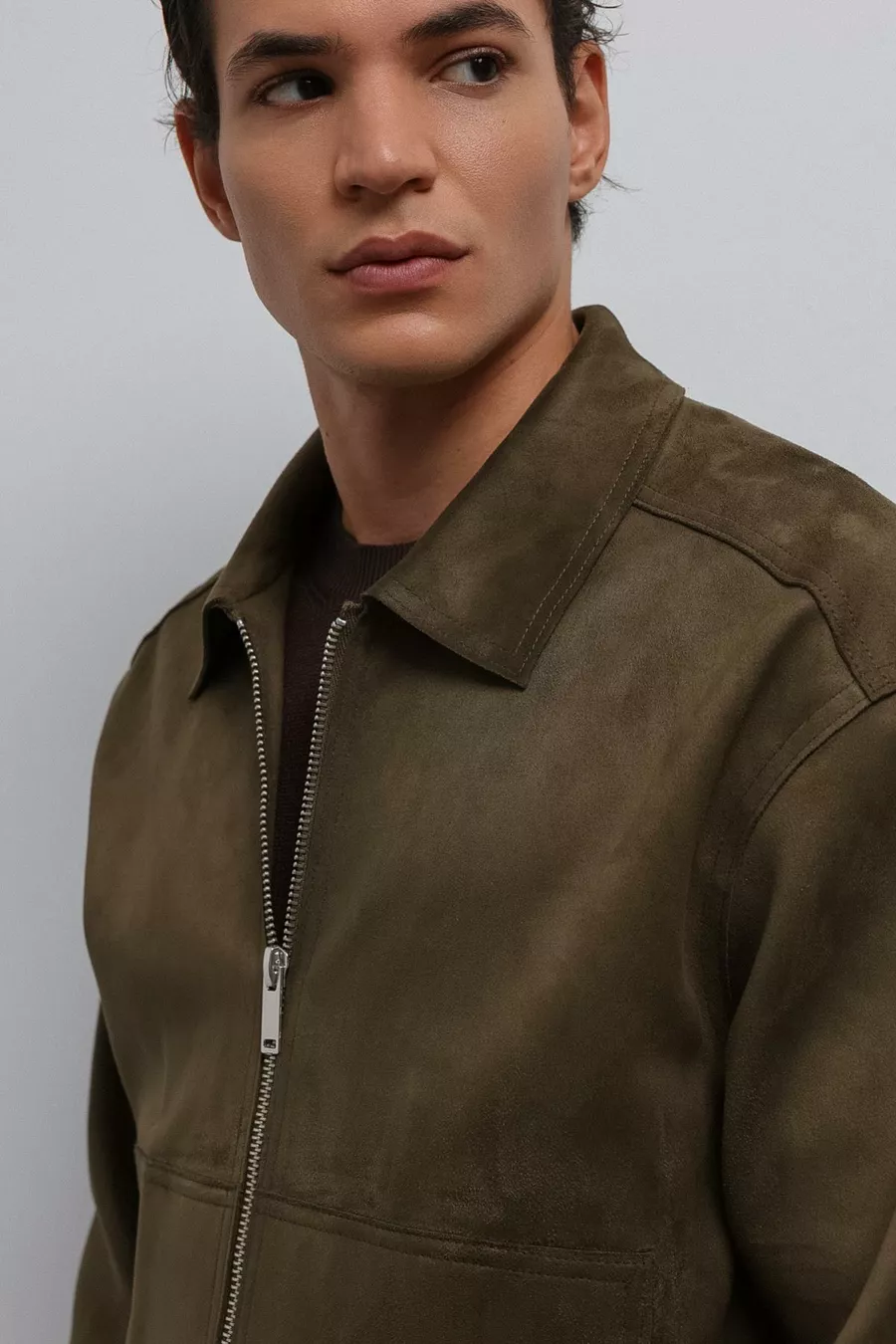 Veste pour homme en suédine synthétique kaki avec fermeture éclair