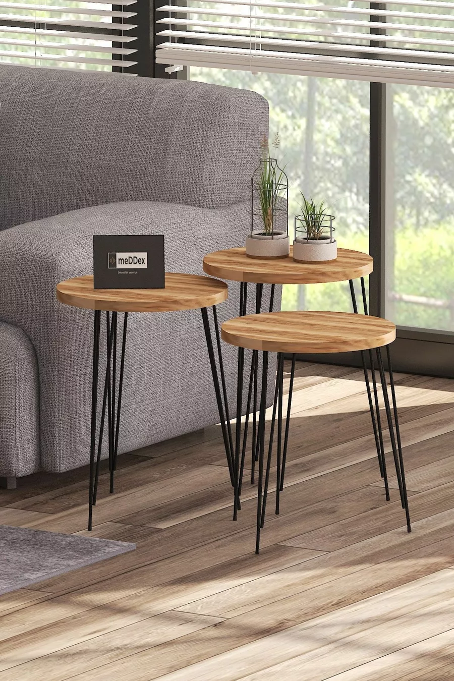 Table d'appoint ronde triple Star - Table basse à thé - Table de service - Noyer