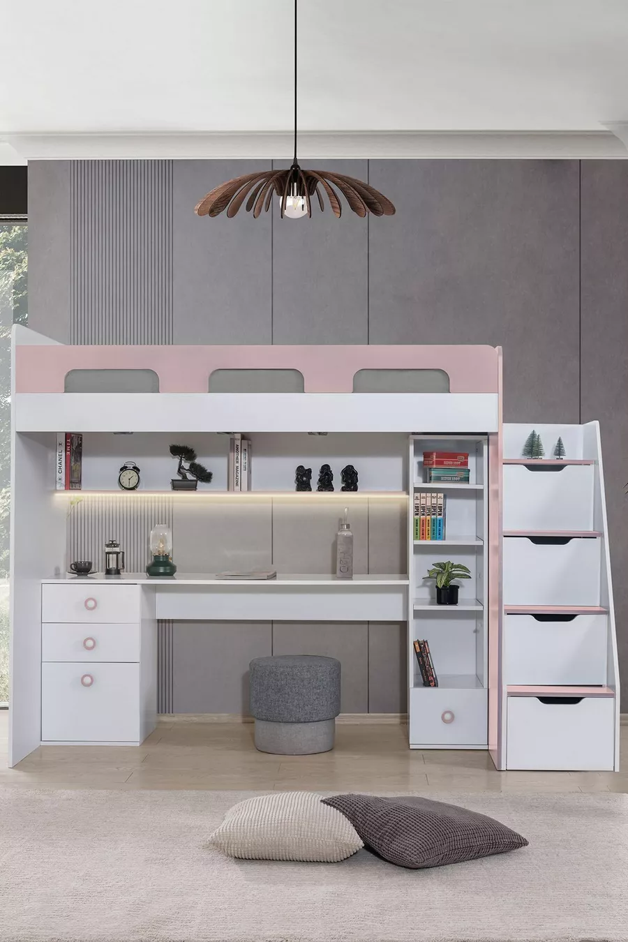 Lits superposés, lit-bureau-bibliothèque Troya - Rose 1 matelas Comfort