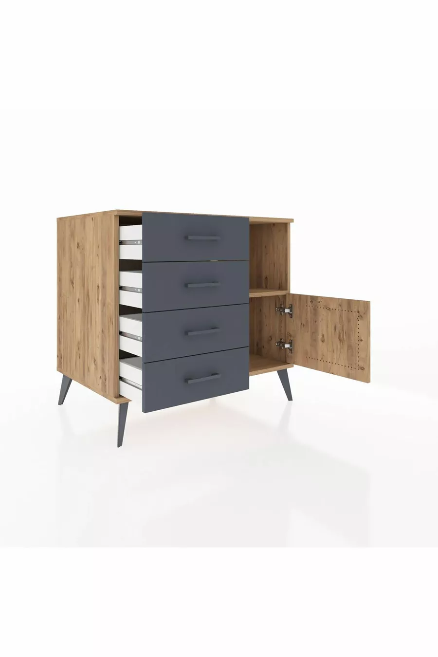 Commode Kronos à une étagère, 4 tiroirs et une porte, Pin-Pin/Anthracite