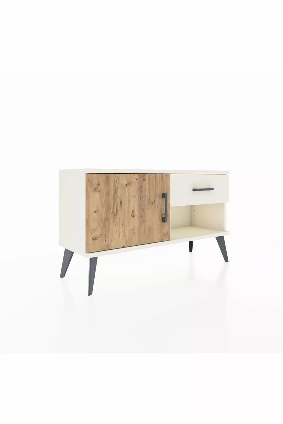 Commode Arges avec une étagère, un tiroir et une porte, coloris Pierre de Lune-Pin/Pierre de Lune