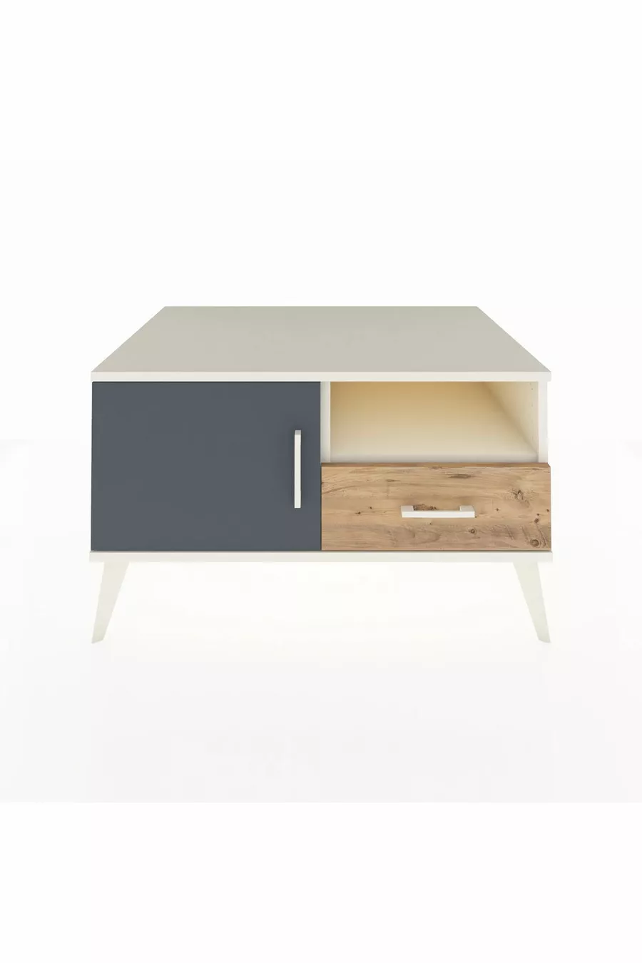 Commode Kronos avec 2 étagères, 1 tiroir et 1 porte, Pierre de Lune-Anthracite/Pin
