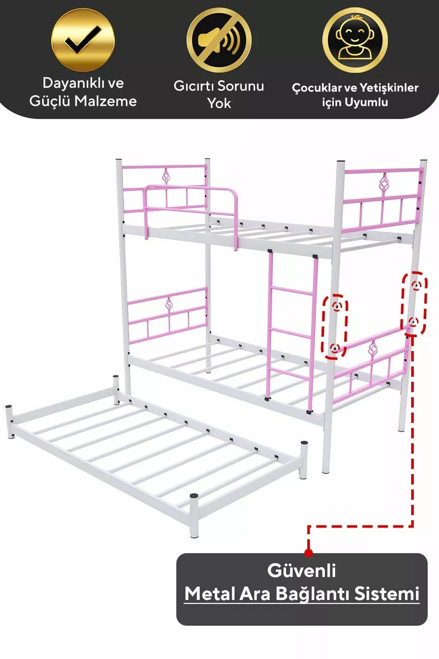 Lit superposé Koza avec tiroir pour 3 personnes, compatible avec matelas, métal rose clair