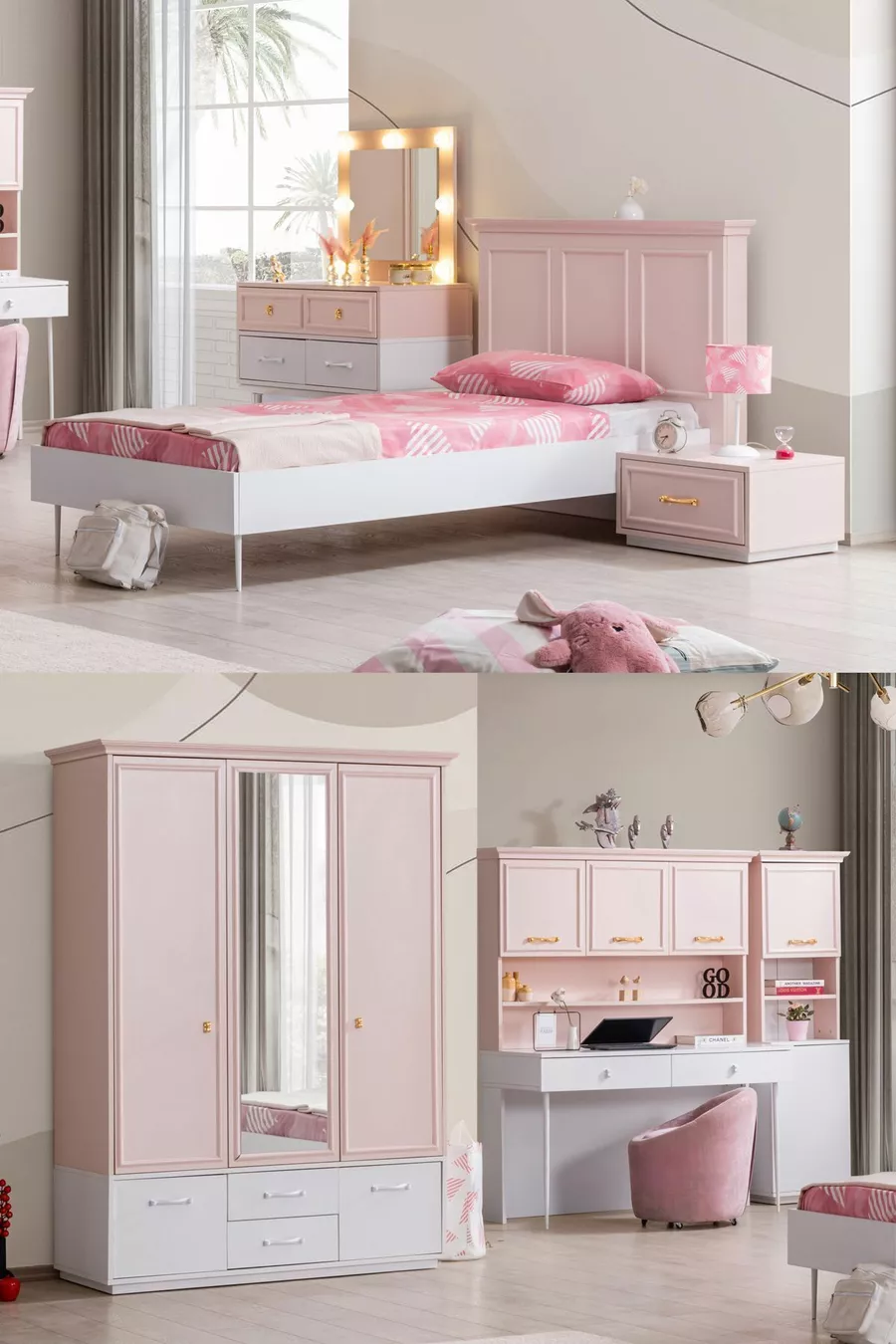 Chambre d'enfant Rosa - Armoire 3 portes, Lit, Table de chevet, Bureau, Commode, Bibliothèque