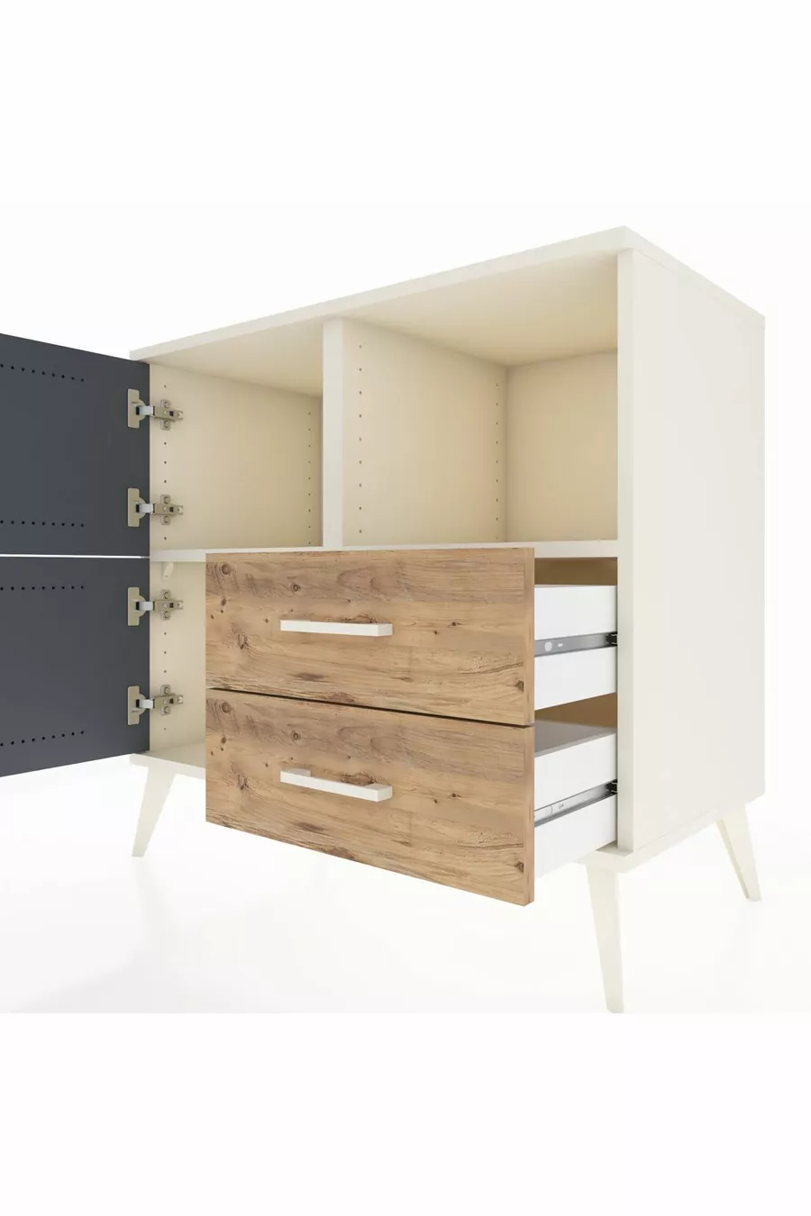Commode Hyperion 2 étagères 2 tiroirs 2 portes Pierre de lune-Anthracite/Pin