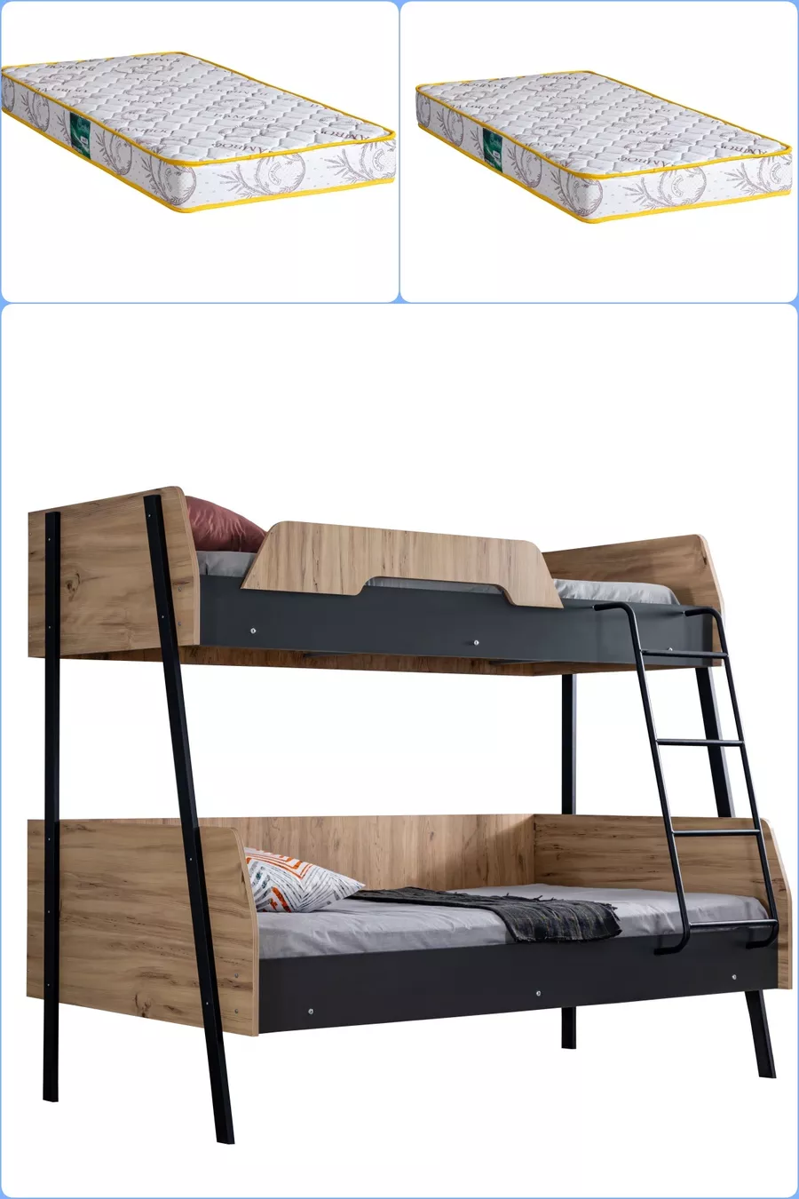 Lit superposé, Lit superposé double large Alba, cm - cm - Noyer-Anthracite + 2 matelas Comfort